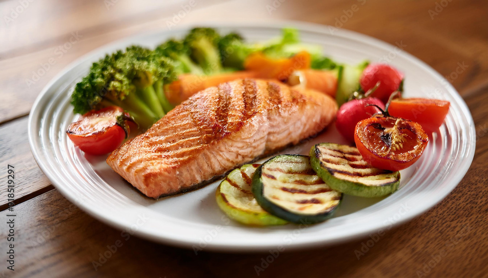 Delicious grilled salmon fillet with vegetables on wooden table. Tasty dish for dinner. Close-up. Delicious grilled salmon fillet with vegetables on wooden table. Tasty dish for dinner. Close-up.