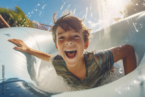 Excited boy kids in bathing suit with swimming goggles trying to get out of a water slide at a leisure park on a sunny day photo