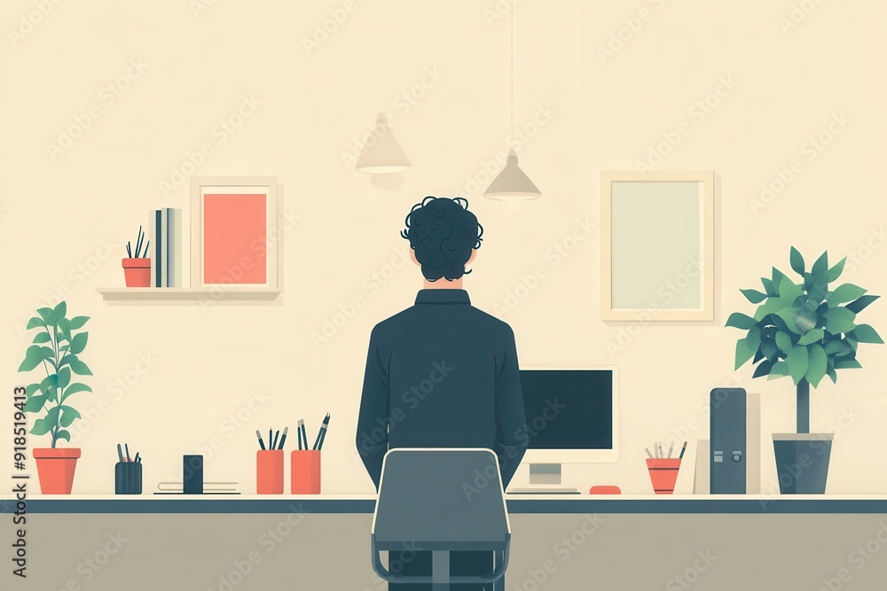 Fototapeta premium Young Professional Working from Home Office with Minimalist Decor and Indoor Plants