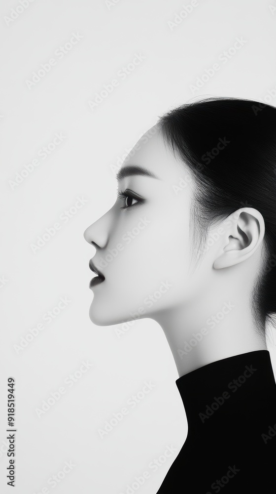 A striking black and white profile portrait of a woman, showcasing elegance and minimalist beauty, perfect for fashion advertising or beauty campaigns. A striking black and white profile portrait of a woman, showcasing elegance and minimalist beauty, perfect for fashion advertising or beauty campaigns.