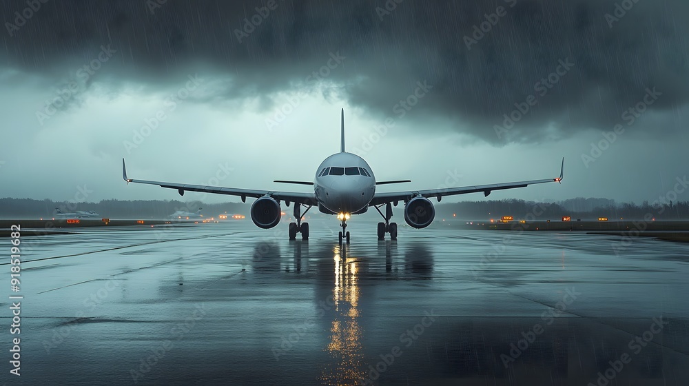 Passenger jet on a runway in heavy rain with dark clouds Passenger jet on a runway in heavy rain with dark clouds