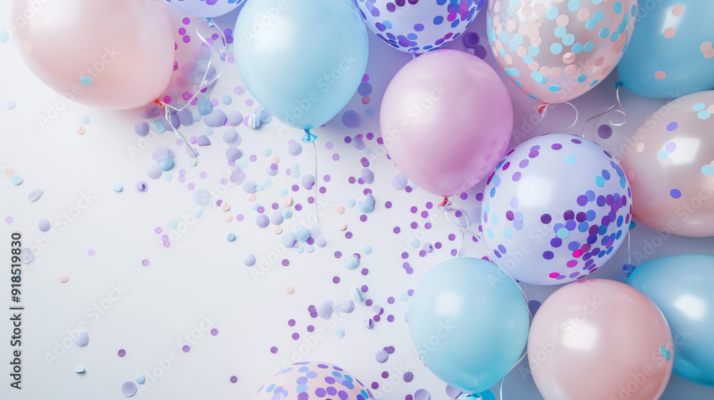 Pastel Balloons and Confetti Scattered on a White Surface Pastel Balloons and Confetti Scattered on a White Surface