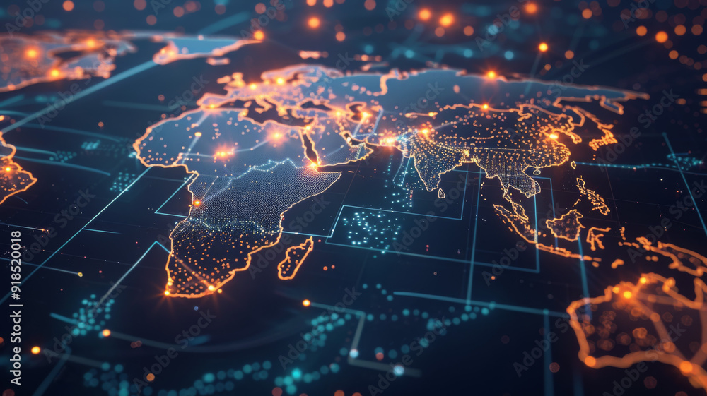 Fototapeta premium A Digital Map of the World with Glowing Cities