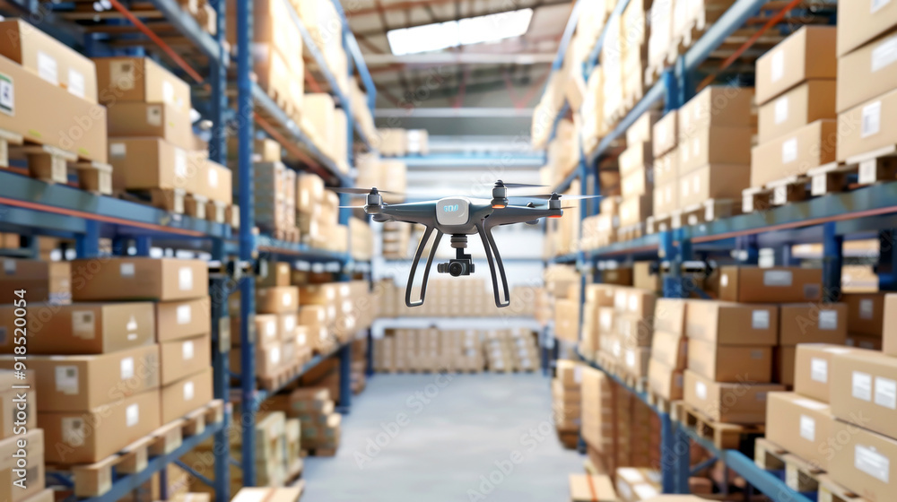 Drone flies through vast warehouse filled with organized shelves of cardboard boxes, showcasing advanced technology and modern logistics solutions for inventory management. Drone flies through vast warehouse filled with organized shelves of cardboard boxes, showcasing advanced technology and modern logistics solutions for inventory management.