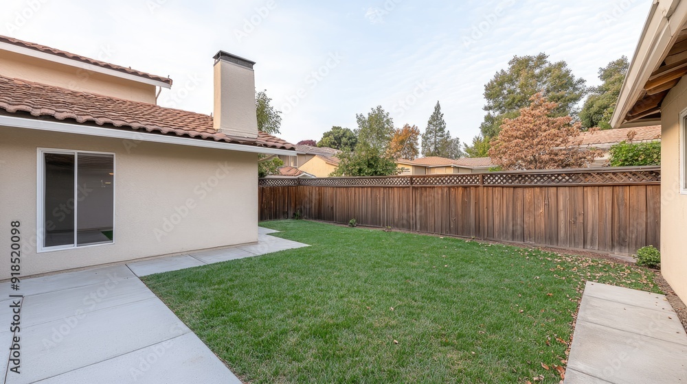 Naklejka premium A modern backyard features vibrant green grass, a barbecue area, and a cozy dining space under a large umbrella on a bright sunny day