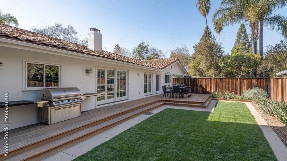 A modern backyard features vibrant green grass, a barbecue area, and a cozy dining space under a large umbrella on a bright sunny day A modern backyard features vibrant green grass, a barbecue area, and a cozy dining space under a large umbrella on a bright sunny day