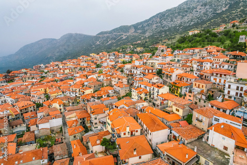 Aerial view of the town Arachova, Greece, near Parnassus mountain and Temple of Delphi. photo