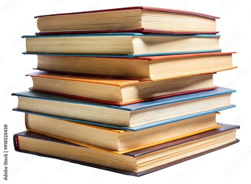 Stack of colorful hardcover books in a vertical pile isolated on transparent background Stack of colorful hardcover books in a vertical pile isolated on transparent background