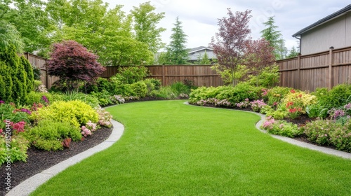 Fototapeta Naklejka Na Ścianę i Meble -  A modern backyard features vibrant green grass, a barbecue area, and a cozy dining space under a large umbrella on a bright sunny day
