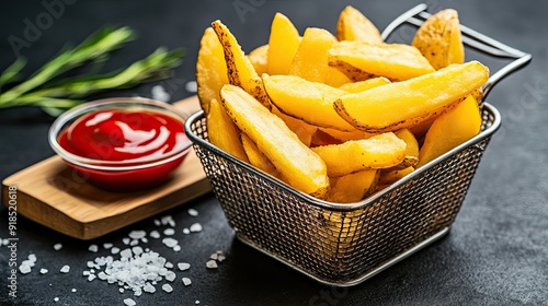 A basket filled with crispy chicken fries is accompanied by ketchup on a rustic wooden board, set against a dark background, perfect for food advertising photo