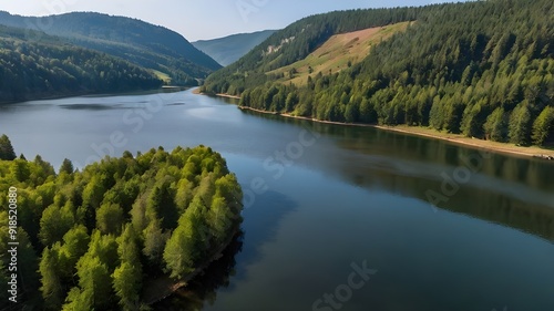 Idyllic lake (Le lac de la lande) surrounded by green forest, landscape in french Alsace on Route of Crete, France, Europe