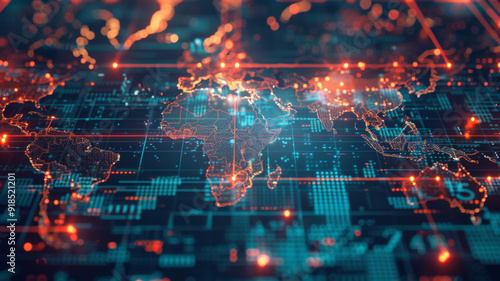 Digital World Map with Glowing Continents and Data Points