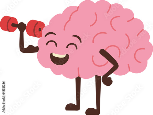 Cute kawaii brain cartoon character doing gym exercise by lifting barbell up