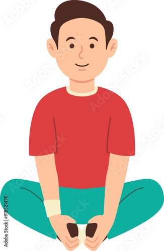 Male character relax tense muscles with stretching exercises