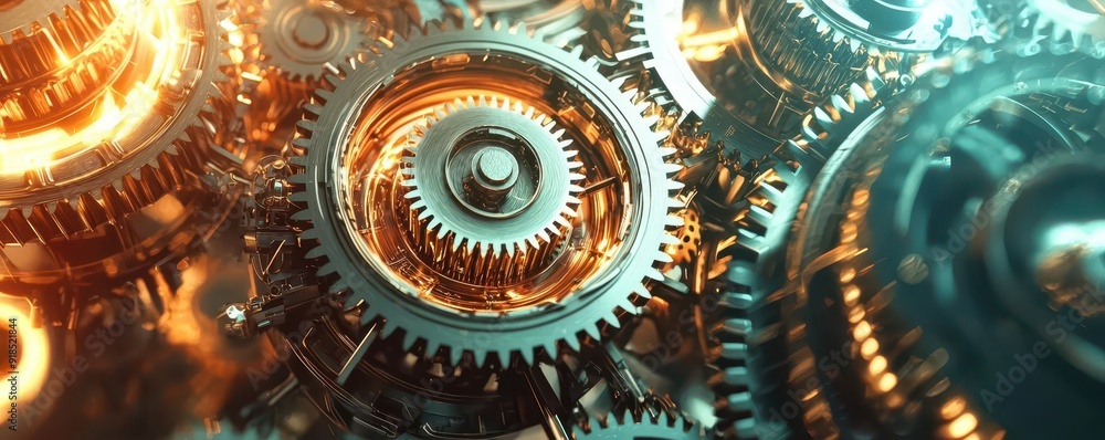 A futuristic gear system bathed in light, symbolizing the merging of machinery and visionary technology A futuristic gear system bathed in light, symbolizing the merging of machinery and visionary technology