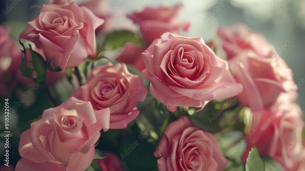 Close-up of delicate pink roses in soft sunlight, perfect for romantic or floral themed projects. Close-up of delicate pink roses in soft sunlight, perfect for romantic or floral themed projects.