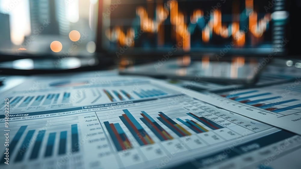Closeup of financial charts and graphs on a desk with a computer screen in the background. Closeup of financial charts and graphs on a desk with a computer screen in the background.
