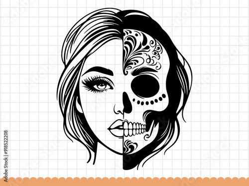 Beautiful female face half skull. Vector illustration.