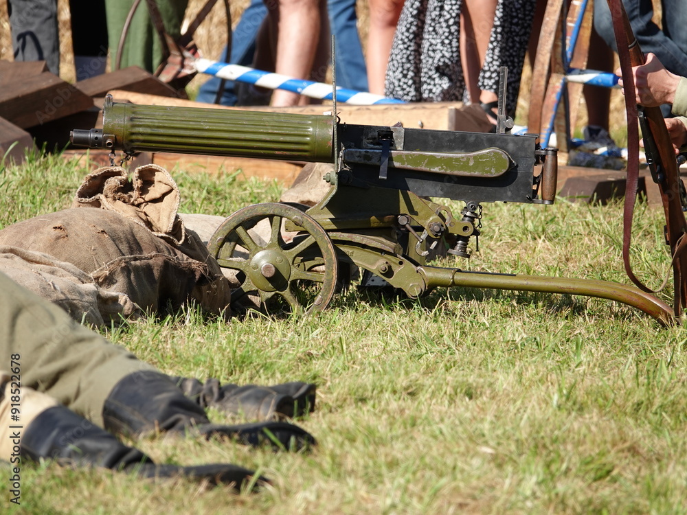Fototapeta premium Maxim system machine gun - the most popular machine gun of World War I in dark green coloring during combat