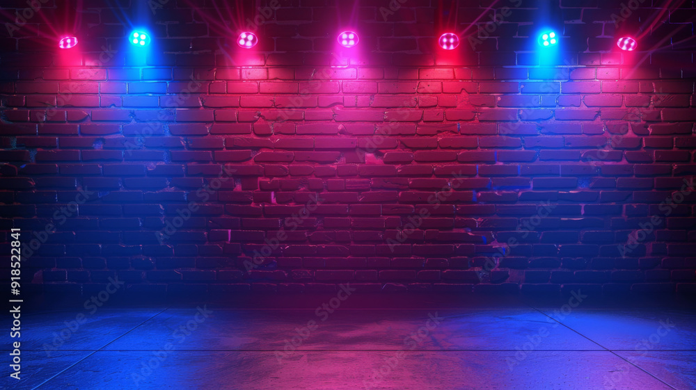 Neon Lights Illuminating Brick Wall and Empty Space Neon Lights Illuminating Brick Wall and Empty Space
