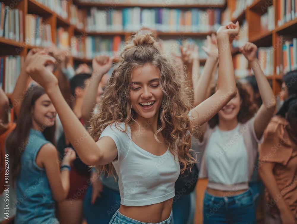 Obraz premium roup of students dancing and have fun in a library