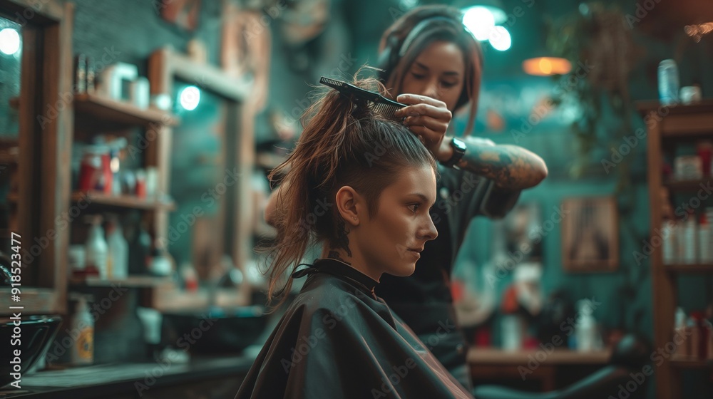 Hairdresser cutting woman's hair, salon