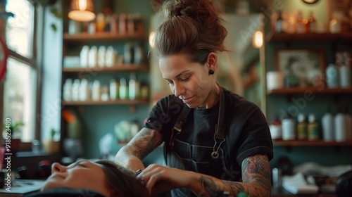 Hairdresser cutting woman's hair, salon