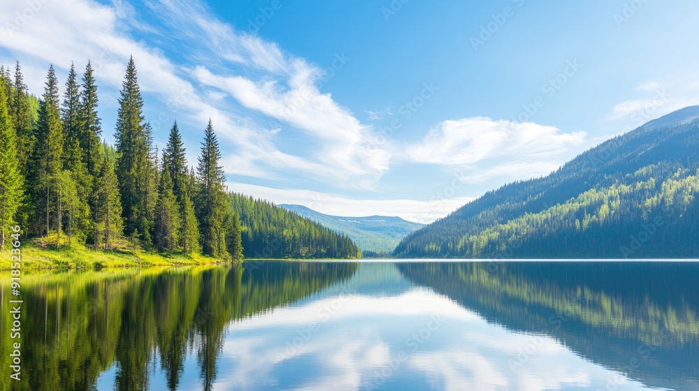 A stunning reflection of a church in a calm lake, surrounded by vibrant greenery and a clear summer sky in Finland A stunning reflection of a church in a calm lake, surrounded by vibrant greenery and a clear summer sky in Finland