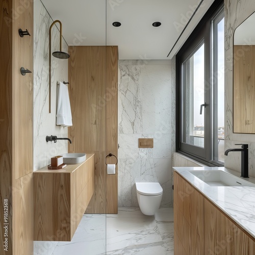 Bathroom of a modern apartment with marble walls photo