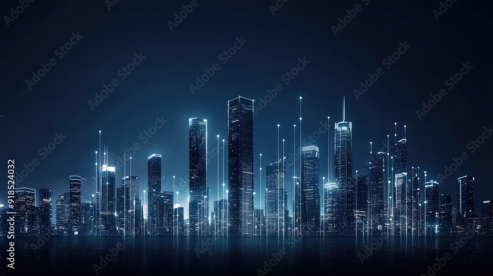 Obraz premium A dark blue skyline illuminated by glowing neon lights reflects on the water, highlighting digital connection lines in a smart urban environment