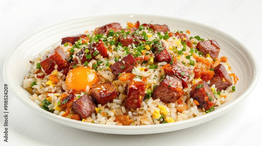 Delicious fried rice with meat, vegetables, and an egg. Delicious fried rice with meat, vegetables, and an egg.