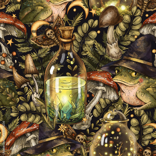 Vintage Mystical Toad, Totem Animals Seamless Pattern