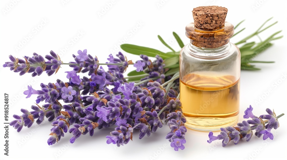 Lavender essential oil in bottle, fresh flowers and leaves isolated on white Lavender essential oil in bottle, fresh flowers and leaves isolated on white
