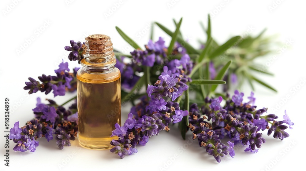 Lavender essential oil in bottle, fresh flowers and leaves isolated on white Lavender essential oil in bottle, fresh flowers and leaves isolated on white