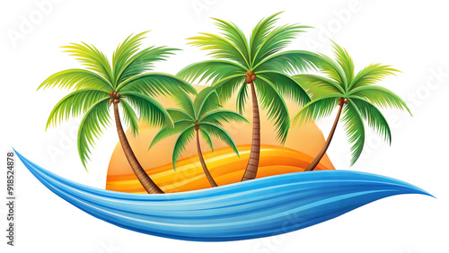 Tropical sunset with palm trees and ocean waves isolated on transparent background