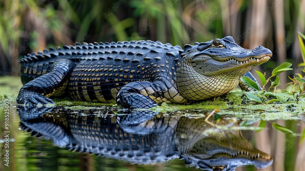 An alligator sprawled atop water, near a verdant jungle brimming with towering blades of grass An alligator sprawled atop water, near a verdant jungle brimming with towering blades of grass