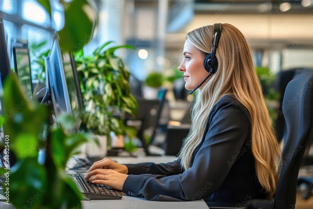 Fototapeta premium Professional Woman in Headset, Executing Call Duties in Stylish Office