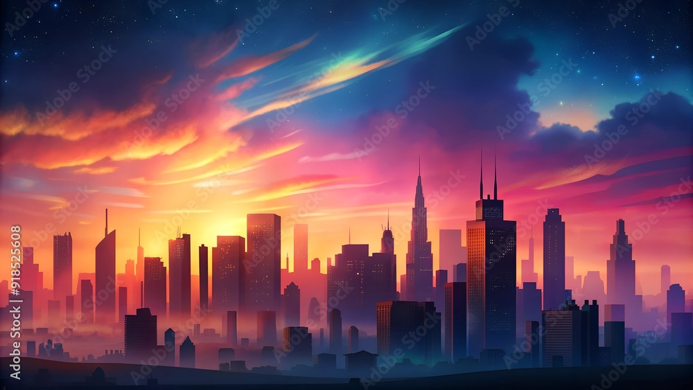 Colorful sunset over futuristic city skyline, vibrant urban landscape with glowing clouds Colorful sunset over futuristic city skyline, vibrant urban landscape with glowing clouds