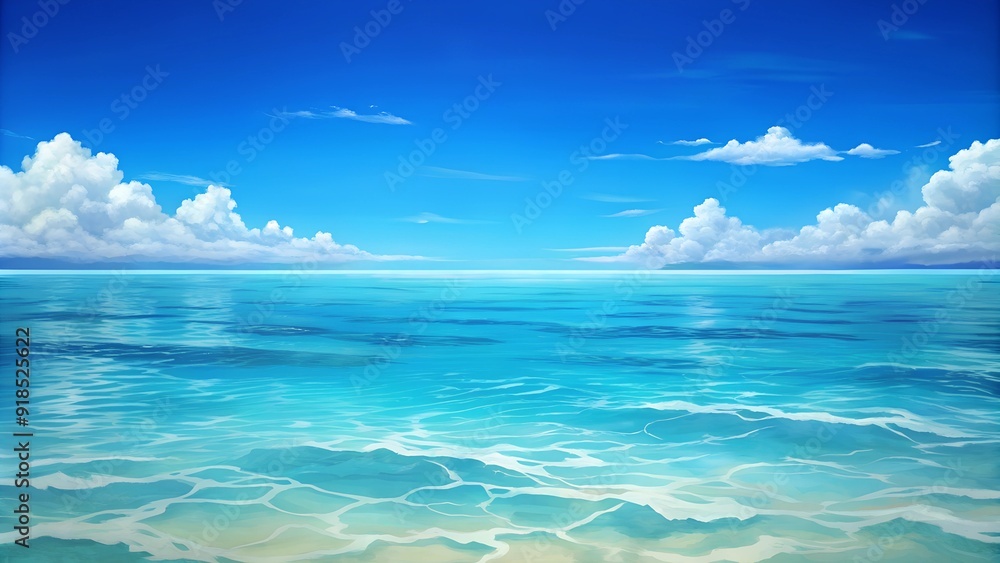 Tropical ocean with clear blue water and fluffy clouds, serene seascape under bright sky Tropical ocean with clear blue water and fluffy clouds, serene seascape under bright sky