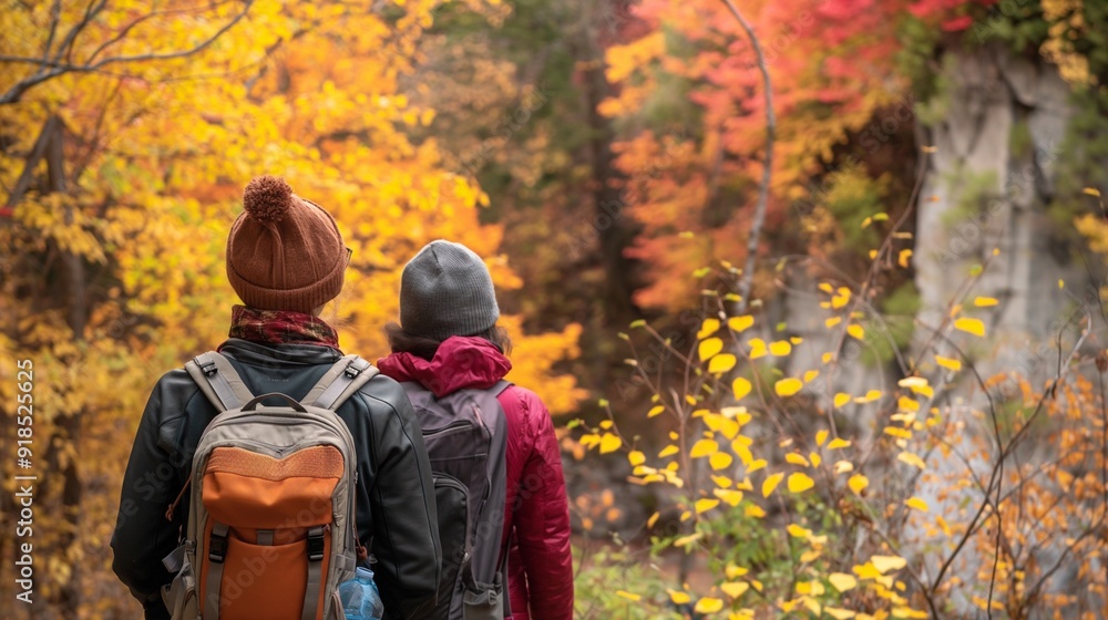 hikers admiring the changing colors of the leaves during autumn hikers admiring the changing colors of the leaves during autumn