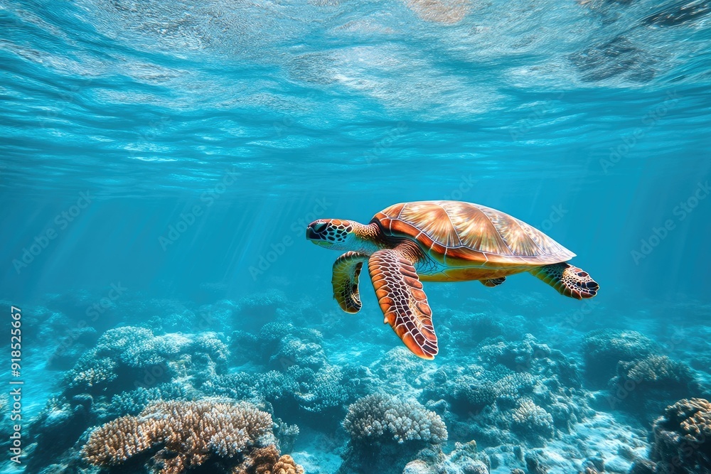 Fototapeta premium Marine Conservation in Action: Sea Turtle and Coral Reef