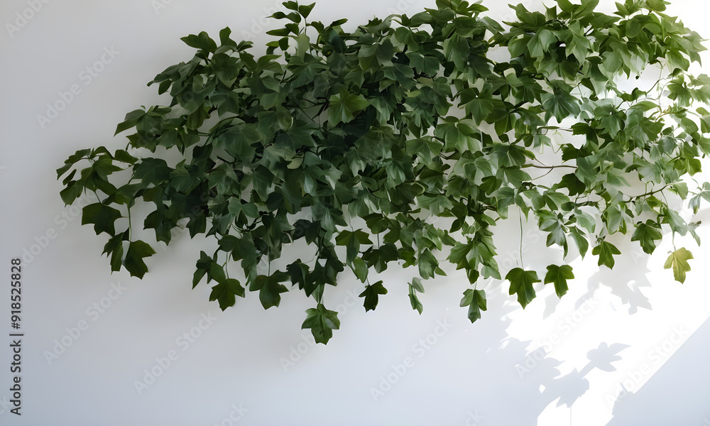 Fototapeta premium Lush green ivy hanging on white wall casting shadows