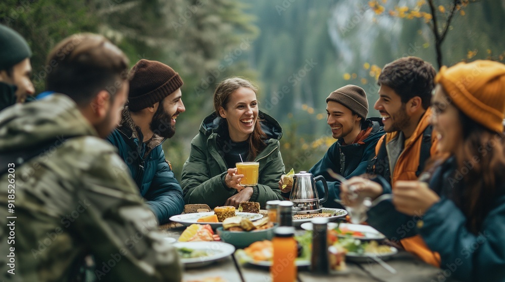 A group of experienced hikers discussing trails and routes over dinner A group of experienced hikers discussing trails and routes over dinner