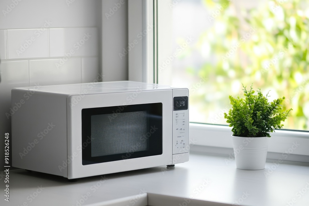 Fototapeta premium White Microwave Oven in Minimalist Kitchen Design