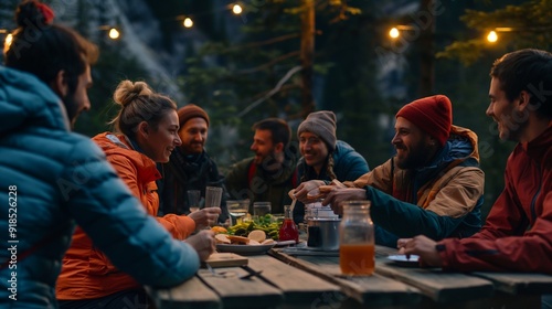 A group of experienced hikers discussing trails and routes over dinner