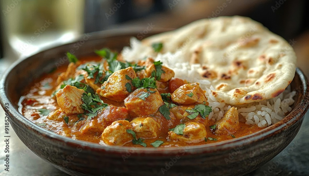 A fragrant bowl of chicken curry with naan A fragrant bowl of chicken curry with naan