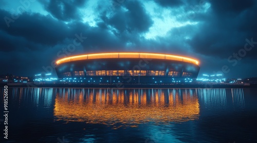 Football arena exterior at night glowing sport stadium between the sea