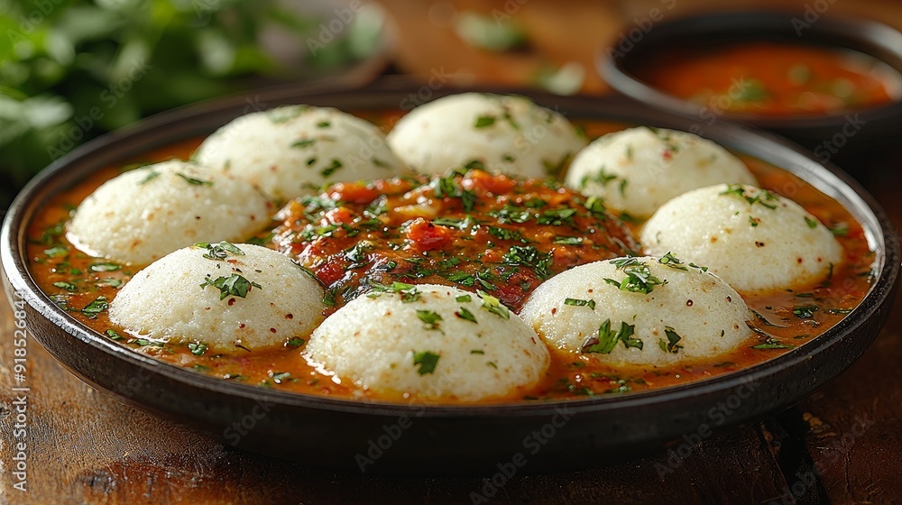 A plate of soft fluffy idlis served with sambhar on plate A plate of soft fluffy idlis served with sambhar on plate