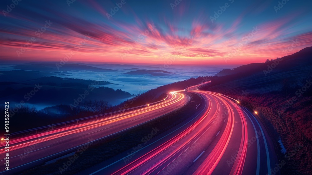 Highway lights at sunset - generative ai Highway lights at sunset - generative ai
