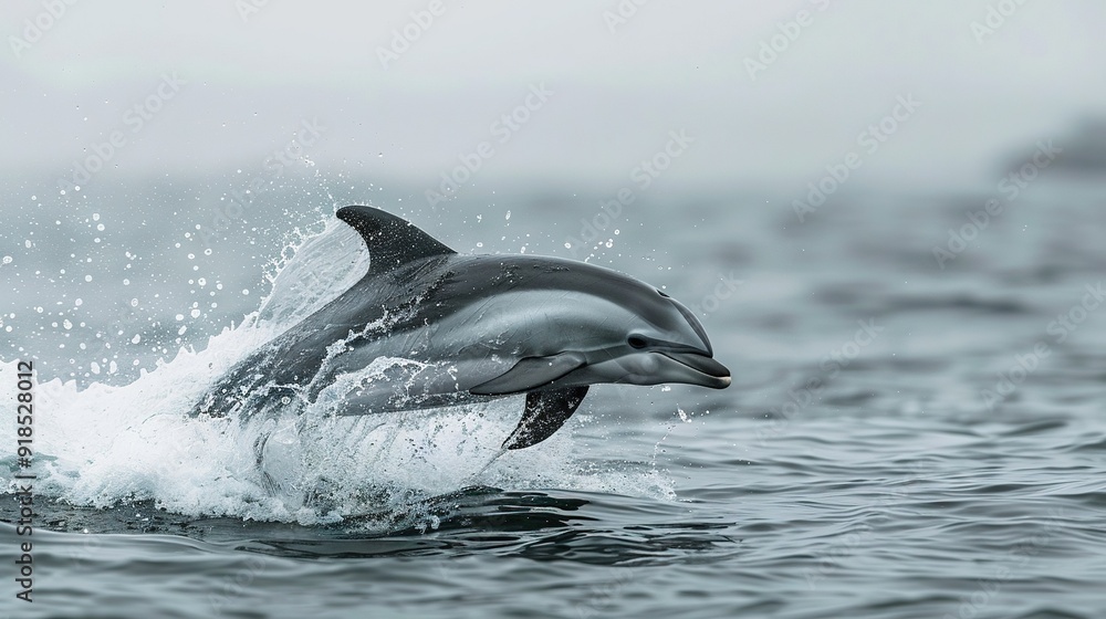 Fototapeta premium A dolphin leaping from the water, mouth agape, head emerging